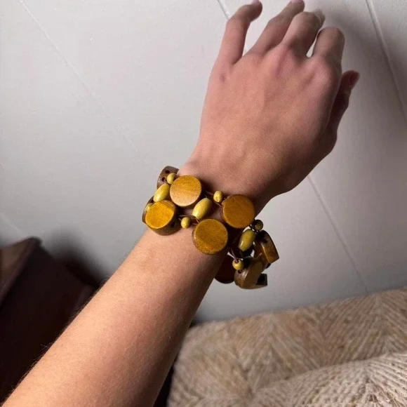 Boho Wooden Disc Stretch Bracelet Earthy Brown Olive Green Beaded Statement - Picture 6 of 8